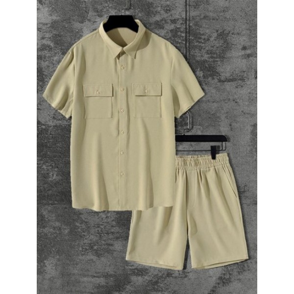 Men's Basic Plain Color Double Flap Pockets Design Textured Button Front Short Sleeves Shirt And Shorts Casual Set