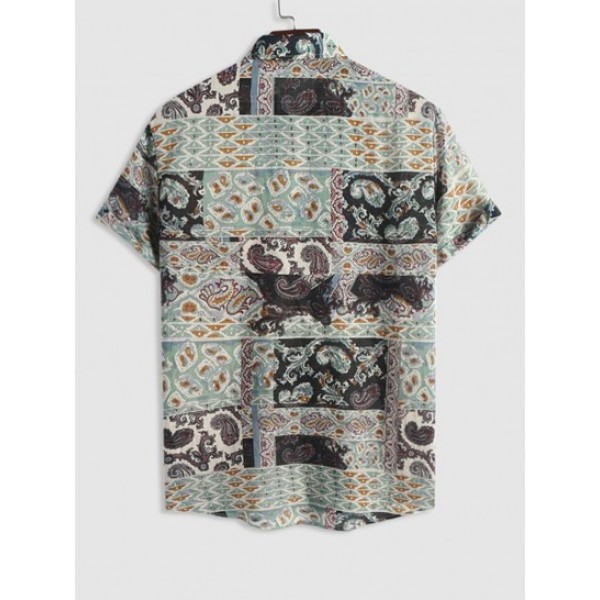 Men's Vintage Style Ethnic Paisley Printed Short Sleeves Shirt And Solid Color Basic Casual Bermuda Shorts Set