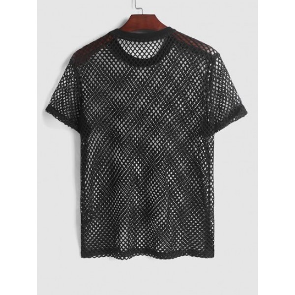 Men's Sheer Mesh Openwork See Through Short Sleeves Knitted T Shirt With Lined Shorts Sexy Party Club Two Piece Set