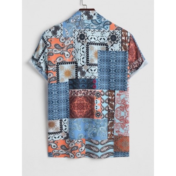 Men's Ethnic Printed Flowers Paisley Patternblock Pattern Short Sleeves Button Front Shirt With Solid Color Basic Casual Shorts Set