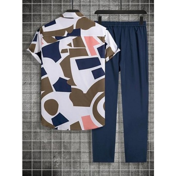 Men's Geometric Pattern Button Front Short Sleeves Shirt And Solid Color Drawstring Straight Leg Pants