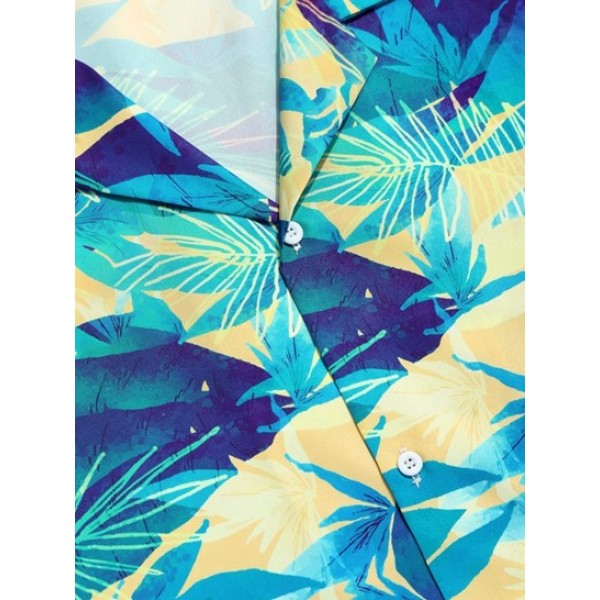 Tropical Leaves Print Shirt And Knee Length Shorts Two Pieces Set