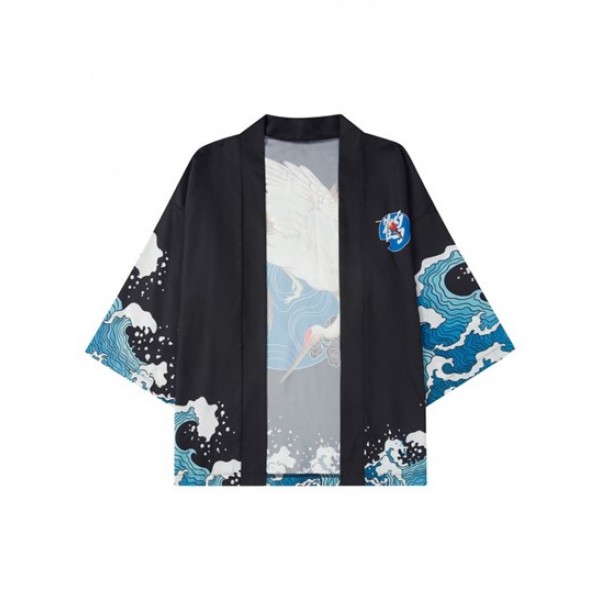 Sea Wave Printed Kimono Cardigan And Drawstring Shorts Set