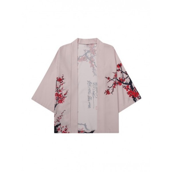 Plum Blossom Print Kimono And Shorts Set