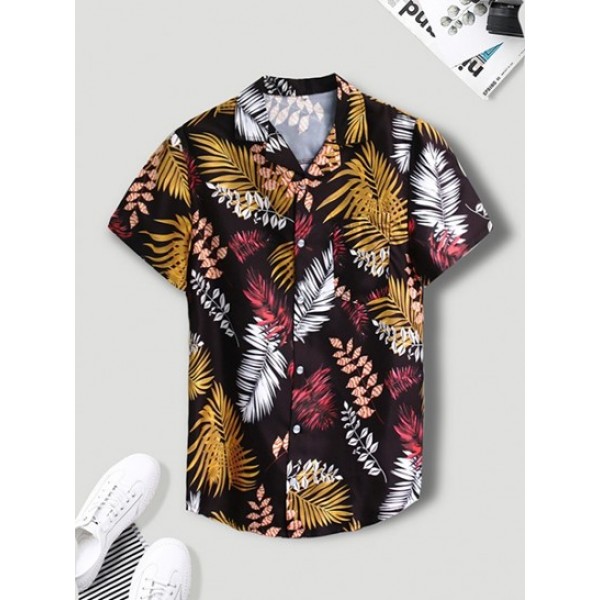 Tropical Leaf Print Lapel Shirt With Drawstring Shorts Vacation Two Piece Set