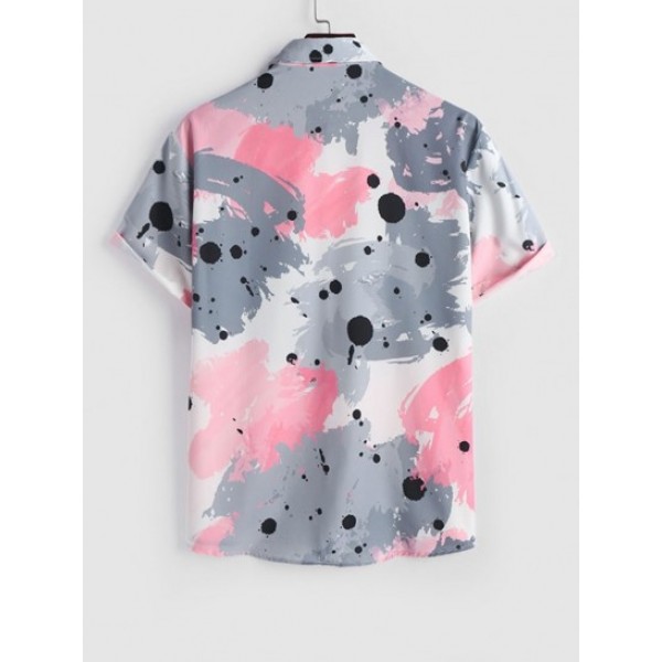 Short Sleeves Pocket Design Colorblock Splash Splatter Vacation Shirt And Basic Casual Shorts Set