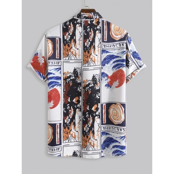 Abstract Japanese Wave Sun Pattern Short Sleeves Shirt With Basic Casual Shorts Set