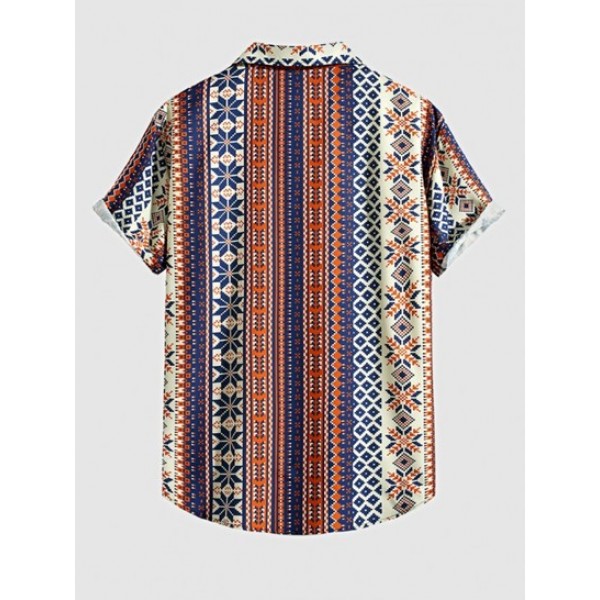 Retro Ethnic Geometric Pattern Short Sleeves Shirt With Basic Casual Shorts Set