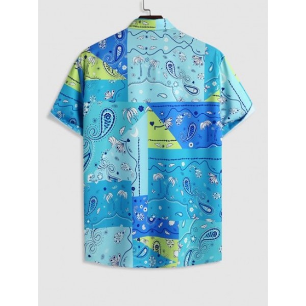 Men's Matching Paisley Coconut Tree Pattern Vacation Short Sleeves Shirt And Drawstring Board Shorts Set