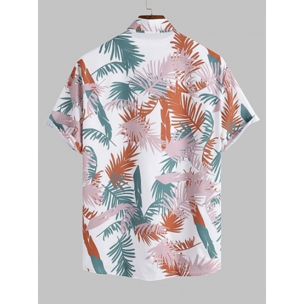 Men's Tropical Palm Printed Vacation Hawaiian Short Sleeves Shirt With Label Design Drawstring Shorts Set