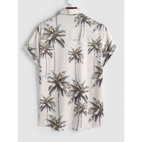 Men's Summer Outfits Coconut Tree Pattern Vacation Hawaiian Short Sleeves Shirt And Board Shorts Set