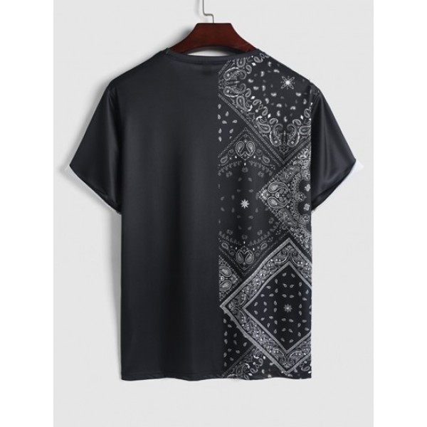 Men's Co Ord Ethnic Paisley Japanese Printed Short Sleeves Round Neck T-shirt With Drawstring Board Shorts Set