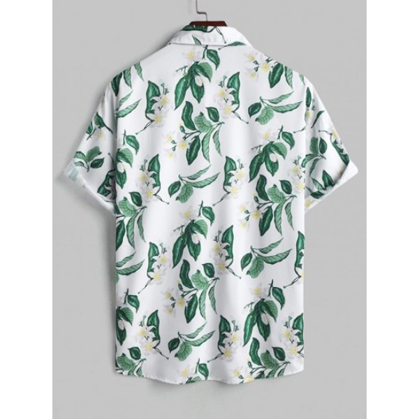 Men's Two Pieces Set Tropical Floral Plant Printed Short Sleeves Button Up Front Pocket Design Shirt And Drawstring Shorts For Vacation