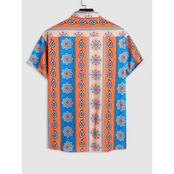 Men's Ethnic Style Paisley Printed Button Up Short Sleeves Beach Summer Vacation Shirt And Drawstring Pockets Board Shorts Set