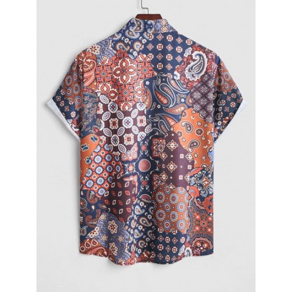 Men's Matching Co Ord Two Piece Set Beach Vacation Ethnic Paisley Floral Patchwork Print Button Up Short Sleeve Shirt With Drawstring Pocket Bermuda Shorts Set