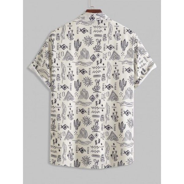 Sun And Cactus Pattern Short Sleeves Shirt With Flap Pocket Drawstring Techwear Cargo Pants Set