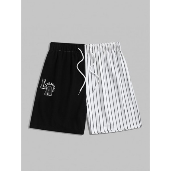 Stripes Panel Letter LOS ANGELES Printed Colorblock T-shirt And Shorts Set