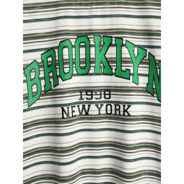 BROOKLYN Striped T Shirt With Label Design Casual Shorts Preppy Style Two Piece Set