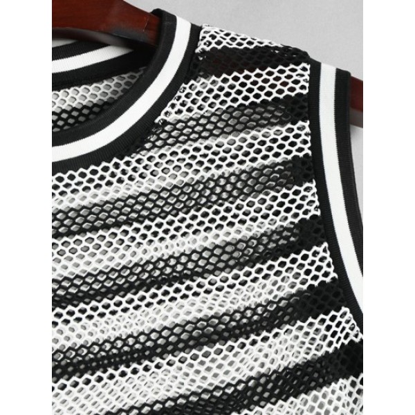 Men's Striped Pattern See-through Mesh Openwork Ribbed Collar Tank Top And Letter Striped Pattern Sport Bermuda Sweat Shorts