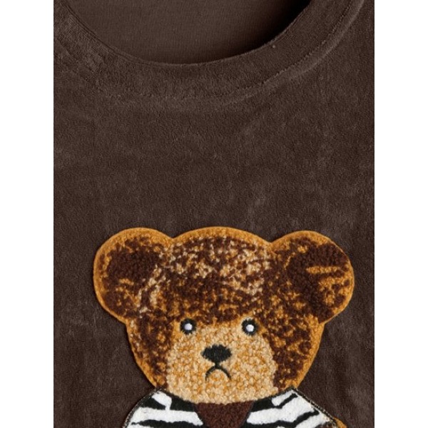 Men's Terry Cloth Crew Neck Cartoon Bear Applique Casual Funny Short Sleeves T Shirt And Basic Minimalism Casual Knee Length Solid Color Drawstring Shorts Set