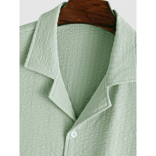 Men's Co Ord Plain Color Jacquard Weave Textured Lapel Collar Shirt With Back Pocket Design Drawstring Pants Set