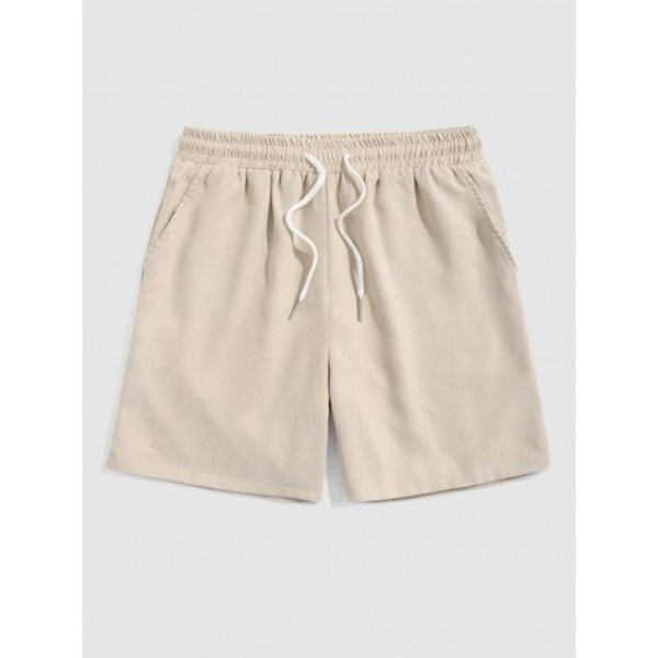 Men's Ribbed Color Spliced Quarter Button Short Sleeves Pullover T-shirt And Drawstring Pocket Plain Corduroy Textured Shorts Set