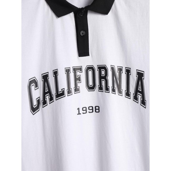 Men's Casual CALIFORNIA Pattern Polo Collared Quarter Button Short Sleeves T Shirt Drawstring Basic Solid Color Sweat Shorts Two Piece Set