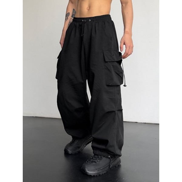 Men's Solid Color Jacquard Towel Cloth Textured Short Sleeves Basic T-shirt And Loose Fit Drawstring Pocket Design Beam Feet Parachute Cargo Pants Set