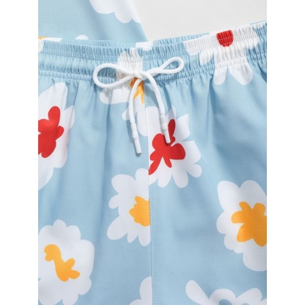 Colorful Flower Shirt And Drawstring Shorts Set