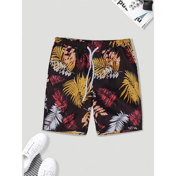 Tropical Leaf Print Lapel Shirt With Drawstring Shorts Vacation Two Piece Set