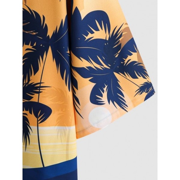 Tropical Coconut Tree Sunset Pattern Hawaii Kimono And Seascape Print Vacation Beach Shorts Two Pieces Set