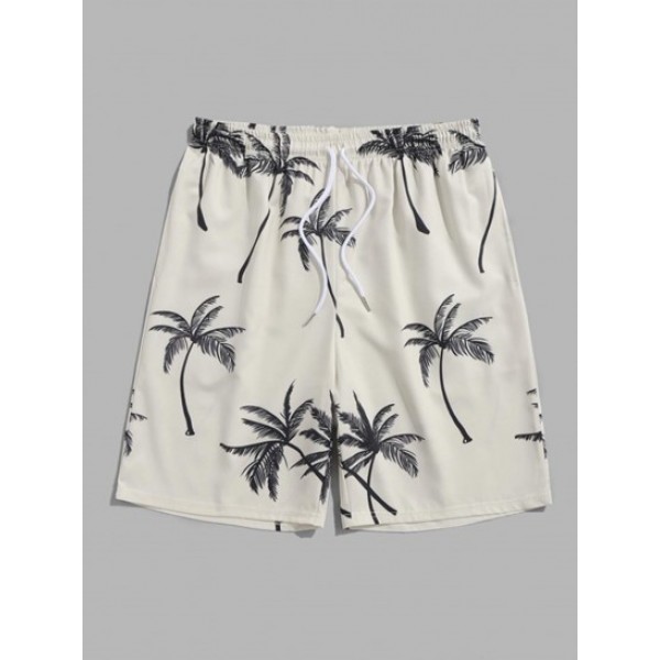 Tropical Coconut Tree Print Vacation Beach Board Shorts Two Pieces Set