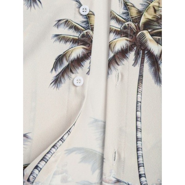 Men's Summer Outfits Coconut Tree Pattern Vacation Hawaiian Short Sleeves Shirt And Board Shorts Set