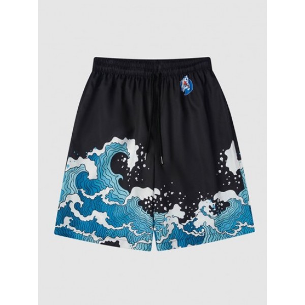 Men's Two Piece Set Oriental Japanese Sea Wave Print Short Sleeves Cotton T Shirt With Drawstring Shorts Casual Beach Summer Set