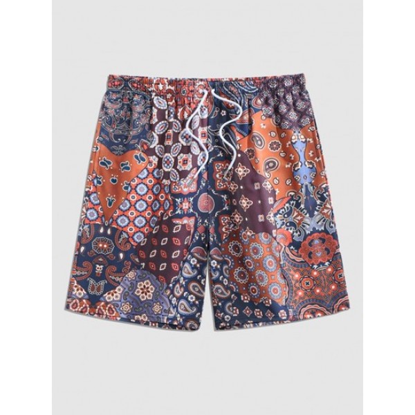 Men's Matching Co Ord Two Piece Set Beach Vacation Ethnic Paisley Floral Patchwork Print Button Up Short Sleeve Shirt With Drawstring Pocket Bermuda Shorts Set