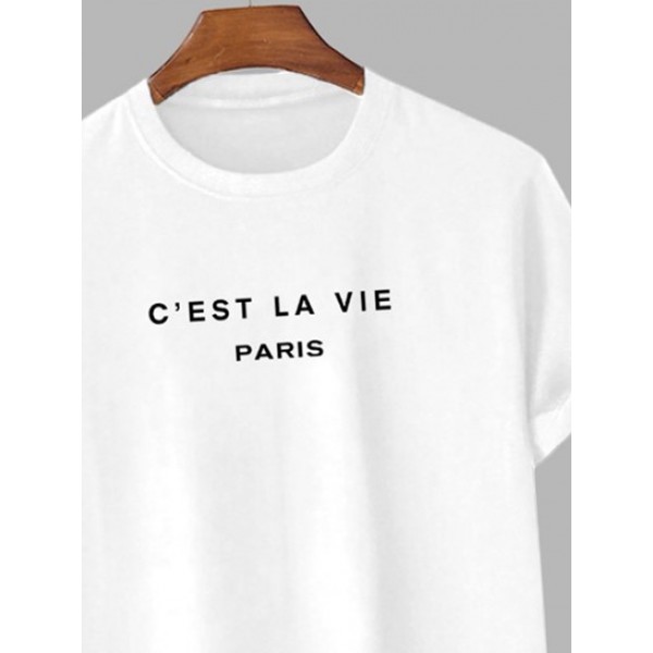 C'EST LA VIE Letter Printed Casual T-shirt And Techwear Cargo Ninth Pants Set