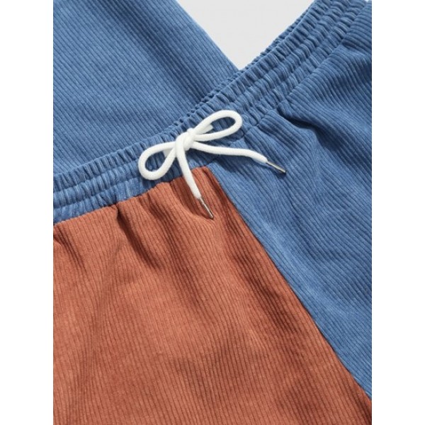 Color Block Two Tone Pocket Corduroy Shirt And Shorts Set