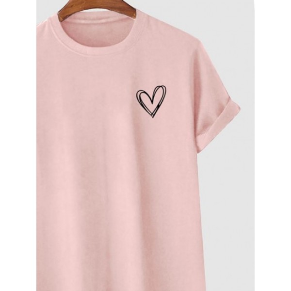 Heart Pattern Short Sleeves Cotton Tee With Colorblock Sweat Shorts